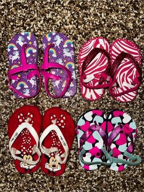 Toddler Girls Flip Flop Sandal Lot Size 6/7 & 7/8 Minnie Unicorn Hearts Zebra